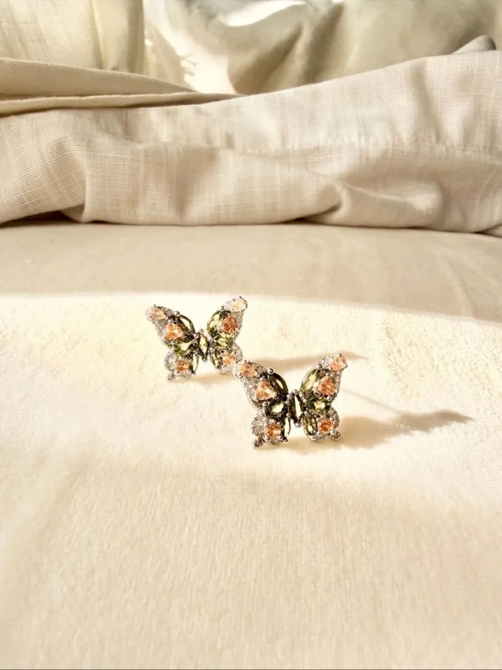 Cubic Zirconia Butterfly Stud Earrings Champagne Green Crystal